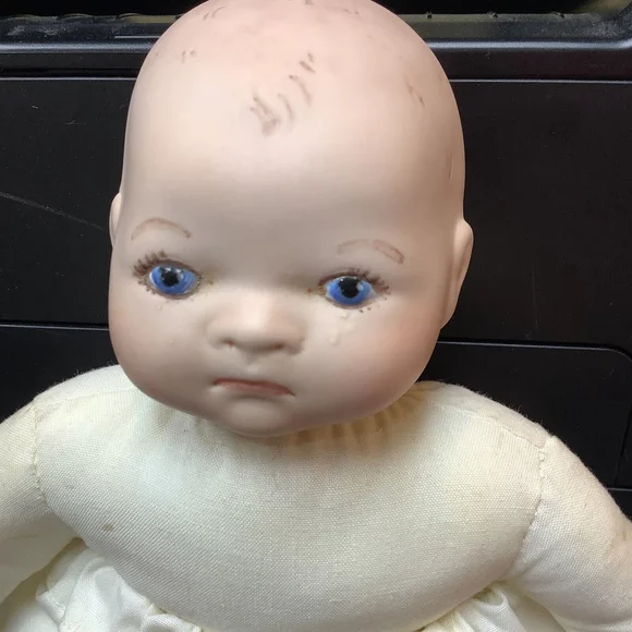 Grace S Putman Doll Bisque Head & Hands Cloth Body Bonnet, 11”